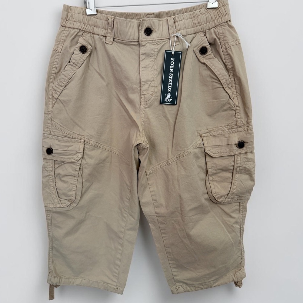 NWT Four Steeds High Rise Khaki Cargo Capri Pants Stretch Cotton‎ Utility Crop L